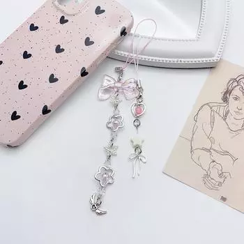 Милый брелок ручной работы с бантом, телефонная цепочка с бантом, сердечко, шнурок для телефона для женщин и девочек, кулон в форме сердца, цепочка для телефона, подарки 3