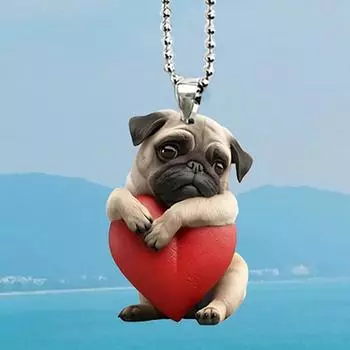 Милый брелок в виде мопса с сердцем из акрила, брелок для ключей в салон автомобиля, подвеска на рюкзак, декоративная подвеска в виде рождественской елки 5.8*8cm