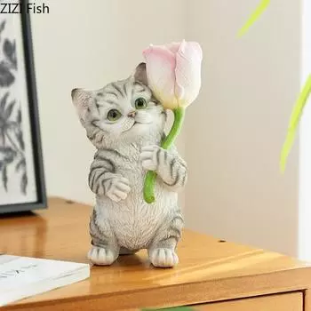 Милый букет Статуя кошки Творческое моделирование Животное Украшение Детская комната Настольное украшение Домашнее украшение из смолы
