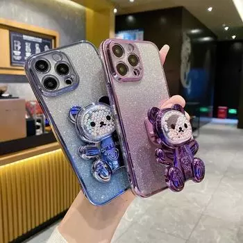 Милый чехол-держатель с медведем, блестящий чехол с покрытием для iPhone 15 Pro Max 14 13 12 11 Pro XR XS Max X 8 7 Plus, мягкий чехол-подставка For iPhone X&Case & Holder чёрный