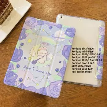Милый чехол для iPad с рисунком розового кролика, складывающийся в три раза, из ТПУ для iPad Air6, Air5, Air4, 10.9, 2022, 10, 2021, 9, 10.2 с держателем для карандашей iPad 2021 Gen910.2