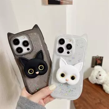 Милый чехол для мобильного телефона с мультяшной эпоксидной подставкой и ушками кота для Apple 15 Promax (12/14/11/13) iPhone 12 Pro чёрный