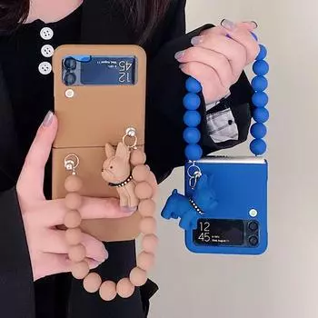 Милый чехол для телефона с 3d мультяшной собакой для Samsung Galaxy Z Flip 3 5g, корейский однотонный браслет с бусинами, полная защита For Samsung Z Flip 3 синий