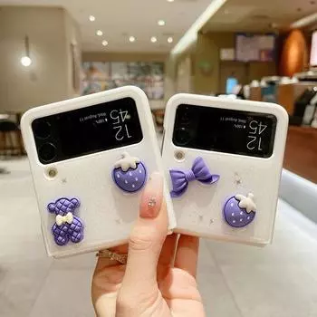 Милый чехол для телефона с блестками и 3d клубничным бантом и медведем для Samsung Galaxy Z Flip 3 5g, твердая задняя крышка со звездами и луной For Samsung Z Flip 3