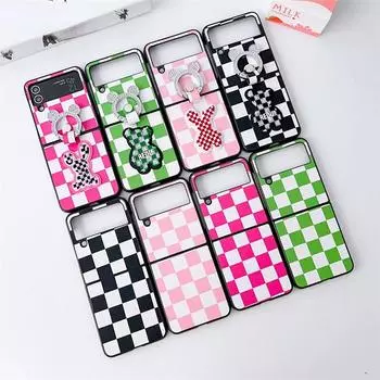 Милый чехол для телефона с цветными сетками и кольцом на палец для Samsung Galaxy Z Flip 3 4, милый кожаный чехол Aniaml для Z Flip3 Flip4 For-Z Flip 3