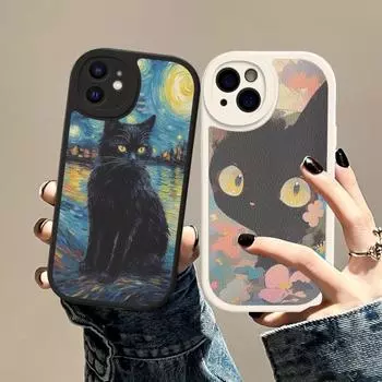 Милый чехол для телефона с изображением черного кота, твердый кожаный чехол для IPhone 14 13 12 Mini 11 14 Pro Max Xs X Xr 7 8 Plus Fundas iphone XS