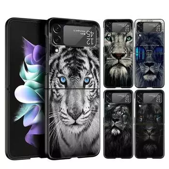 Милый чехол для телефона с изображением льва, волка, тигра для Samsung Z Flip3 Flip4 Flip5, чехол для Z Flip 3 Flip 5 4 5G, черный жесткий складной чехол Galaxy Z Flip 4