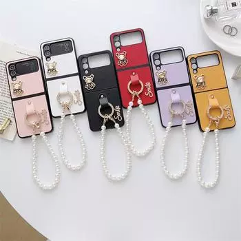 Милый чехол для телефона с кольцом на палец и жемчужной цепочкой для Samsung Galaxy Z Flip 4 3, чехлы с украшениями из мультфильма медведя для Z Flip3 Flip4 5G For Z Flip3 белый