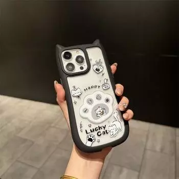 Милый чехол для телефона с кошачьими ушками и подставкой в виде кошачьей лапы для iPhone 15 Pro Max 14 Plus 13 12 Pro 11, универсальный защитный чехол от падения iPhone 15 Pro Max