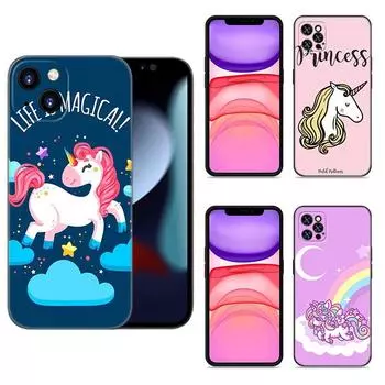 Милый чехол для телефона с мультяшным единорогом для Apple iPhone 12 13 Mini 11 14 15 Pro Max 7 8 Plus X XR XS SE 2020 2022 черный силиконовый чехол iPhone 15 Pro Max