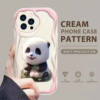 Милый чехол для телефона с пандой для iPhone 15, 14, 13, 12, 11, Samsung Galaxy A52, Xiaomi Redmi 14, 13C, кремовый текстурированный корпус, мягкий чехол с волнистыми краями iPhone 12 Mini белый