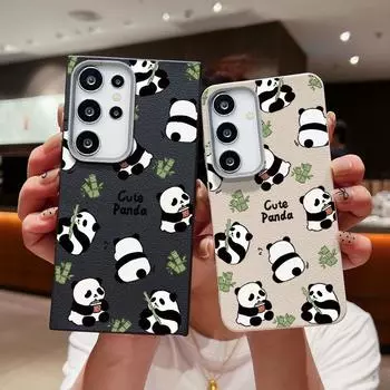 Милый чехол для телефона с принтом панд из ТПУ для Samsung S24 FE S23 S22 Ultra A16 A55 A54 A15 A35 A34 A14 с матовой кожаной текстурой, тонкий противоударный чехол-бампер Samsung S24 FE чёрный