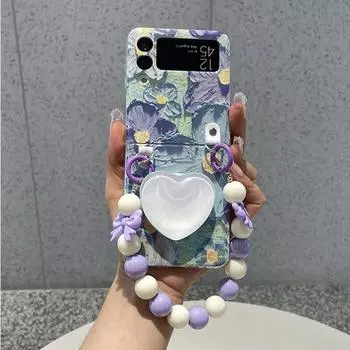 Милый чехол для телефона с рисунком подсолнуха и маслом для Samsung Galaxy Z Flip 3 4 5g, задняя крышка с портативной цепочкой в виде банта For Samsung Z Flip 3