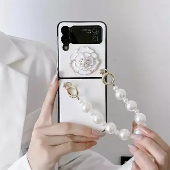 Милый чехол для телефона с жемчужным браслетом и ремешком для Samsung Galaxy Z Flip 4, твердый чехол, ручная цепочка, 3d цветок камелии для Zflip4 Flip4 Shell For Z Flip 4