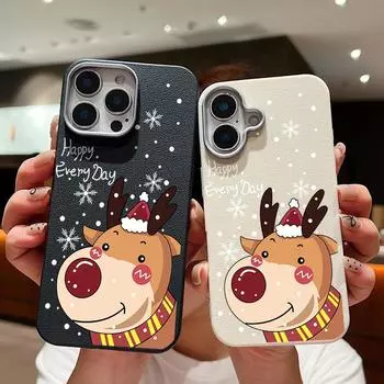 Милый чехол Merry Christmas Elk Print Soft TPU для iPhone 16 Pro Max 15 Pro 14 Plus 13 12 11 XS XR 8 7 кожаная текстура тонкий противоударный матовый чехол для телефона iPhone 16 бежевый