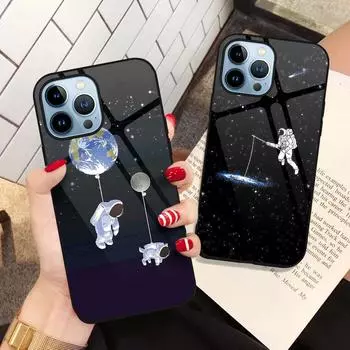 Милый чехол с изображением астронавта из мультфильма для Iphone 14 13 12 11 Pro Max Mini Xs Xr X 7 8 6s Plus Se 2022, стеклянный защитный чехол Fundas For iphone 8
