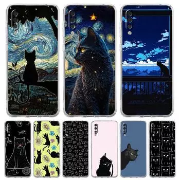 Милый чехол с изображением черного кота для Samsung A54 A52 A50 A70 A30 A40 A20S A20E A02S A12 A14 A22 A42 A72 A34 A32 5G A04s, прозрачный чехол Samsung A42 5G