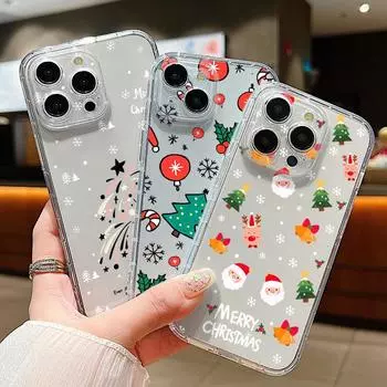 Милый чехол с принтом рождественской елки и колокольчика для iPhone 15 14 Pro Max 13 Pro 12 11 с рисунком Санты, лося, снеговика, прозрачный мягкий силиконовый противоударный чехол для телефона iPhone 15