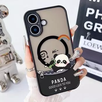 Милый чехол с рисунком мультяшной панды на магните для iPhone 16 Pro 15 14 Plus 13 12 Pro Max 11, ударопрочный, прозрачный, с мягкими краями, акриловый, жесткий, защитный чехол для линз iPhone 16 чёрный
