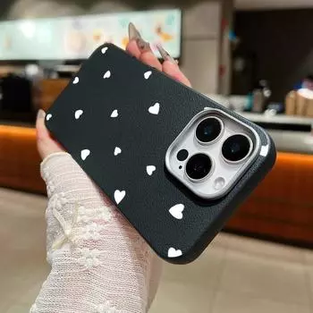 Милый чехол с рисунком в виде маленьких сердечек из кожи для iPhone 16 Pro Max 15 Plus 14 Pro 13 12 11 XS XR, мягкий матовый TPU, ударопрочный, тонкий чехол для телефона iPhone 16 чёрный