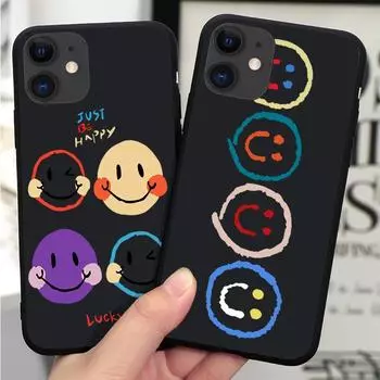 Милый черный чехол для телефона с изображением смайликов для iPhone 12 11 XR XS X Max 7 8 6 6S Plus 5 5S SE 2020 Задняя крышка для iPhone 12mini Shell iPhone 5