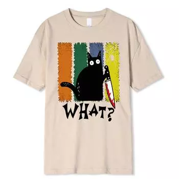Милый черный кот с ножом, креативный дизайн, индивидуальный принт, мужские футболки, хлопковые футболки с коротким рукавом, топы S