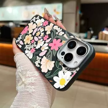 Милый цветной матовый чехол для телефона TPU с цветочным принтом для iPhone 16 Pro Max 15 Pro 14 Plus 13 12 11 кожаная текстура противоударный тонкий мягкий бампер iPhone 16 чёрный