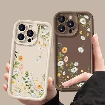 Милый цветочный принт мягкий чехол для телефона TPU для iPhone 16 Pro Max 15 Plus 14 Pro 13 12 11 XR XS 8 7 защита объектива противоударный матовый бампер чехол iPhone 16 чёрный