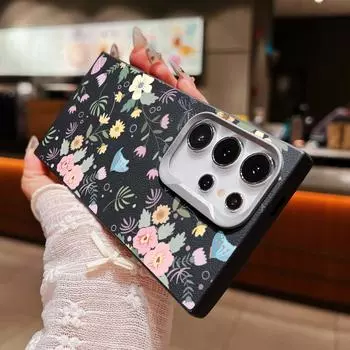 Милый цветочный принт тонкий чехол для Samsung S24 FE S23 Ultra S22 Plus A16 A55 A35 A54 A15 A34 A14 кожа текстура матовый TPU ударопрочный мягкий чехол для телефона Samsung S24 FE чёрный