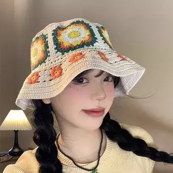 Милый цветок полая шляпа-ведро женская показать маленькую раковину шляпа большая окружность головы показать маленькое лицо плетеная шерстяная шляпа прилив M56-58cm