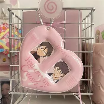 Милый держатель для фотокарточек, брелок с защитой от потери, двойной слот, 1 дюйм, защитный чехол для фото в форме сердца, сумка-подвеска