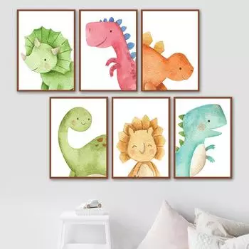 Милый динозавр, мультфильм животных, детские постеры на скандинавскую тему и принты, настенная живопись на холсте, настенные панно для детской комнаты, домашний декор 21cm30cm NoFrame