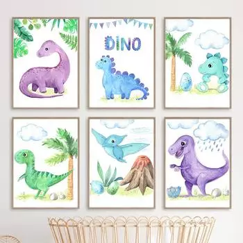 Милый динозавр Парк Юрского периода, настенная живопись на холсте, мультяшный Дино, плакаты на скандинавскую тему и принты, настенные панно, декор для детской комнаты A4 21X30cm No Framed