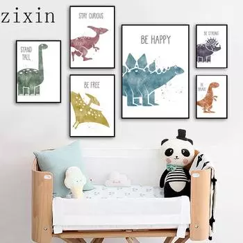 Милый динозавр с героями мультфильмов, животные, детские постеры на скандинавскую тему, живопись и принты, настенные художественные холсты, настенные панно для мальчиков и детей, Kawaii, декор комнаты 21*30cm
