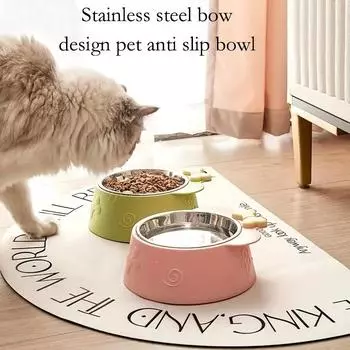 Милый дизайн с бантом, приподнятая миска для кошачьей еды 2 в 1, разделительная конструкция из нержавеющей стали для кошек и собак, миска для воды с нескользящим держателем