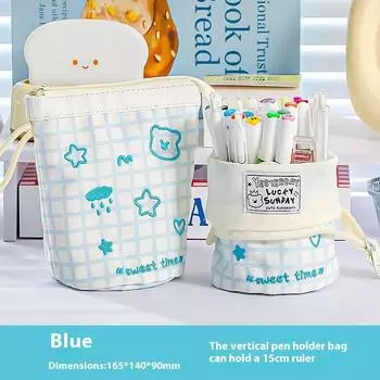 Милый дофаминовый клетчатый пенал большой вместимости в японском стиле, косметичка, контрастный цвет, клетчатый узор, сумка для хранения канцелярских принадлежностей синий