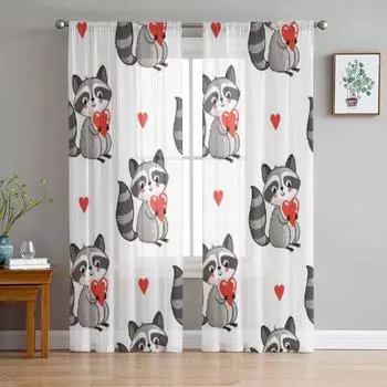 Милый енот с сердцем, прозрачные шторы для спальни, гостиной, тюлевые шторы для кухни, вуаль, занавески для окон 135W x 114H(cm)