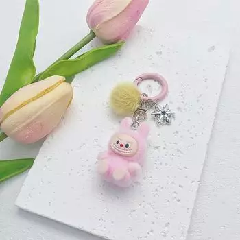 Милый флокированный брелок Labubu, мультяшная кукла Kawaii, брелок, подвеска, изысканный рюкзак, украшения, аксессуары, подарки розовый