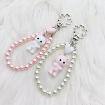 Милый флокированный кот любовь искусственный жемчуг бусины брелок мобильный телефон цепочка анти-потеряшка шнурок плюшевый котенок сумка кулон цепочка для камеры as the picture