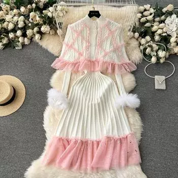 Милый французский стиль плащ рукава принт комплект кардиган кружево пэчворк тонкий оборки платье плиссированный трикотажный костюм грибной мех женский One Size розовый