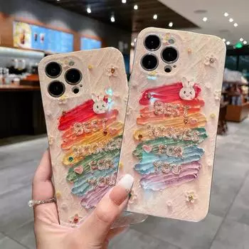 Милый глянцевый силиконовый мягкий чехол для iPhone14 13 12 11 XS Pro Max 7 8 Plus X XR противоударный масляный чехол с изображением кролика розовый чехол для телефона iPhone 14 Pro Max