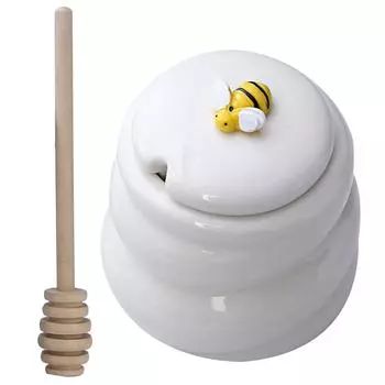 Милый горшочек для пчелиного меда, керамическая банка с ковшом для хранения на кухне, деревянный дозатор для сиропа, джема, конфет, настольный контейнер белый