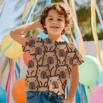 Милый графический принт капибары Детская одежда Футболка для мальчиков Летняя с коротким рукавом 100
