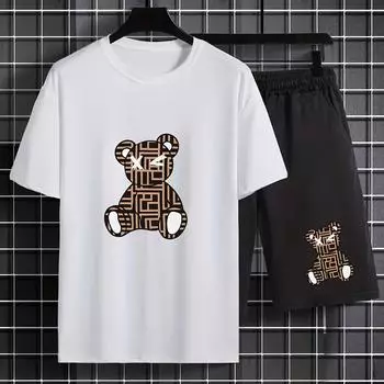 Милый графический принт с медведем, футболка с круглым вырезом, короткими рукавами и шорты с поясом. S