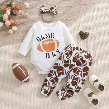 Милый хлопковый комбинезон с длинными рукавами и надписью «Регби» для девочки, брюки с принтом и повязкой на голову, комплект одежды 1-3M