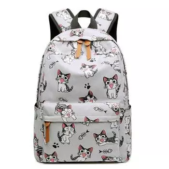 Милый холщовый школьный рюкзак для девочек с принтом мультяшного кота, серые школьные сумки для студентов, женский легкий рюкзак серый