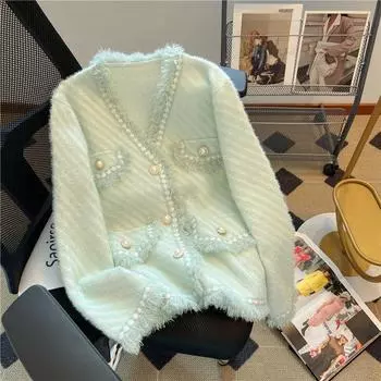 Милый и элегантный мягкий вязаный свитер во французском стиле с искусственным мехом норки для женщин M розовый