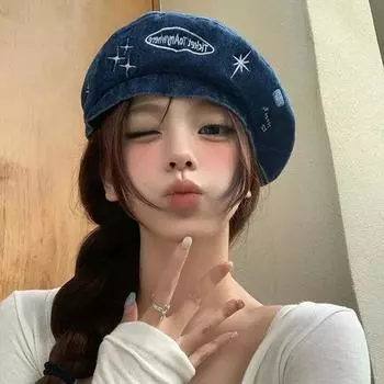 Милый и классный ковбойский берет, детская вышивка в виде звезды, показывает лицо, маленькая и универсальная ретро-шляпа с большой окружностью головы, шляпа художника-облака M56-58cm темно-синий