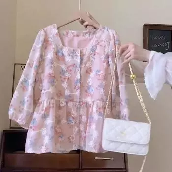 Милый и милый кардиган с цветочным принтом, V-образным вырезом и рукавами-семью точками - Топ Fairy для женщин S зелёный