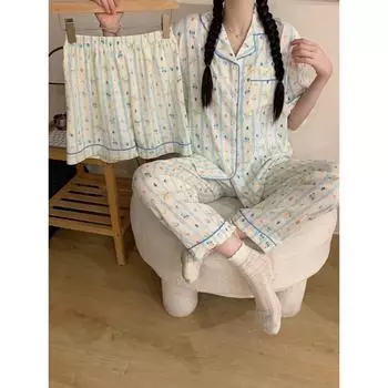 Милый и милый комплект из трех предметов пижамы с рисунком кавайи, новая женская пижама с V-образным вырезом, повседневная универсальная пижама M